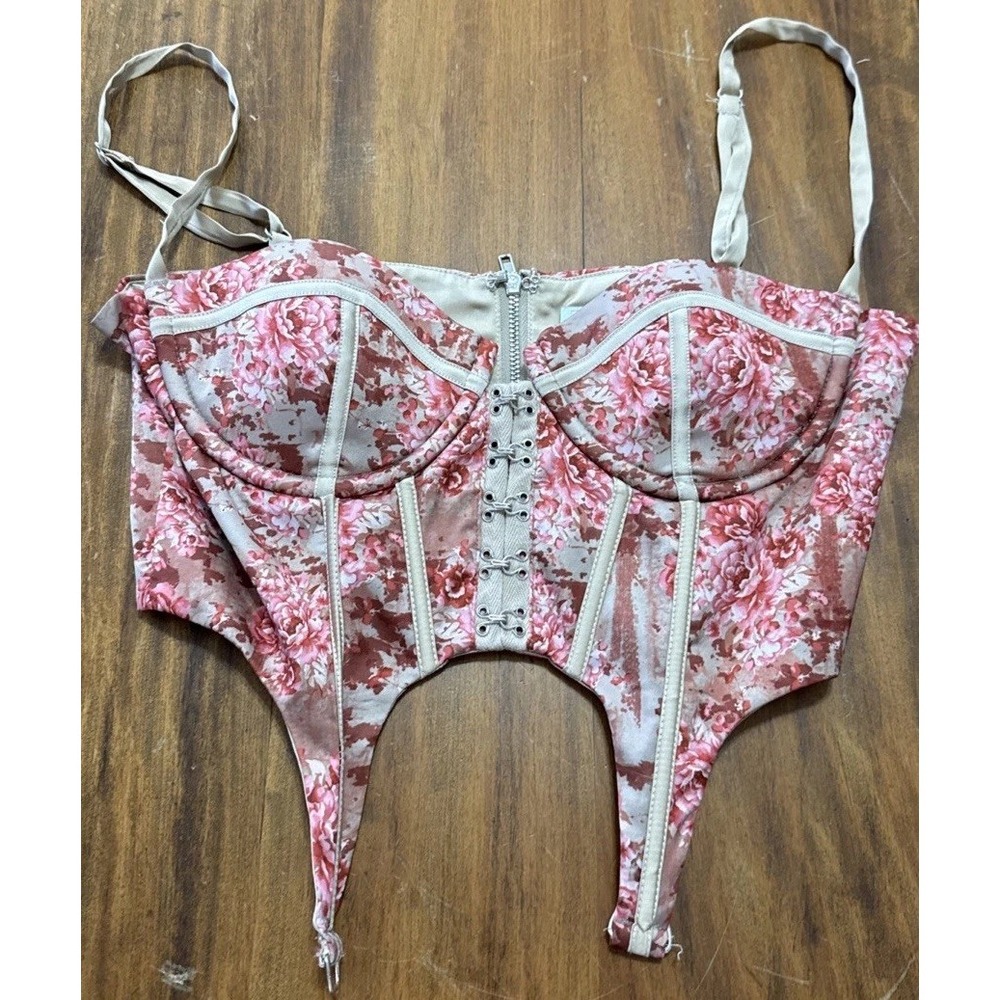 Oh Polly Cropped Strappy Corset Top Womens Size 2 US Pink Floral - Picture 1 of 7